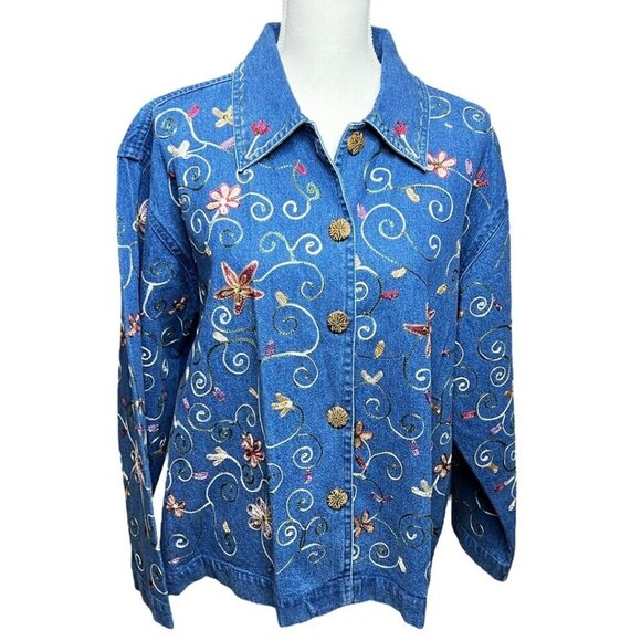 VTG UNITS Women's Lightweight Denim Jacket 1980's Embroidered Flowers Vines XL - Picture 1 of 7